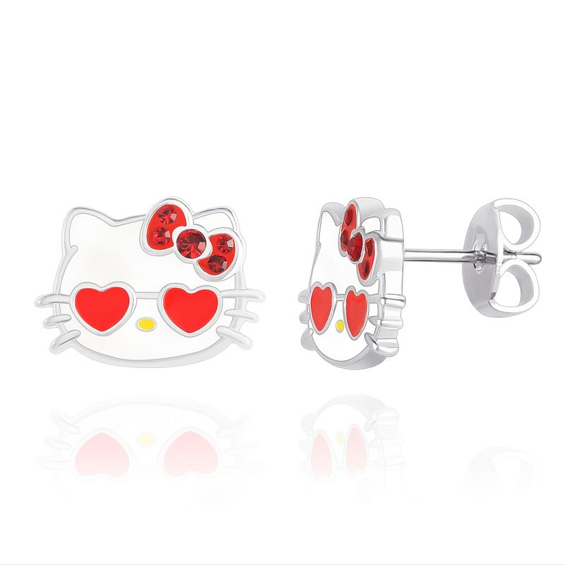 Sanrio Hello Kitty Brass Flash Silver Plated Crystal and Enamel Heart Sunglasses Head Stud Earrings, 1 of 4