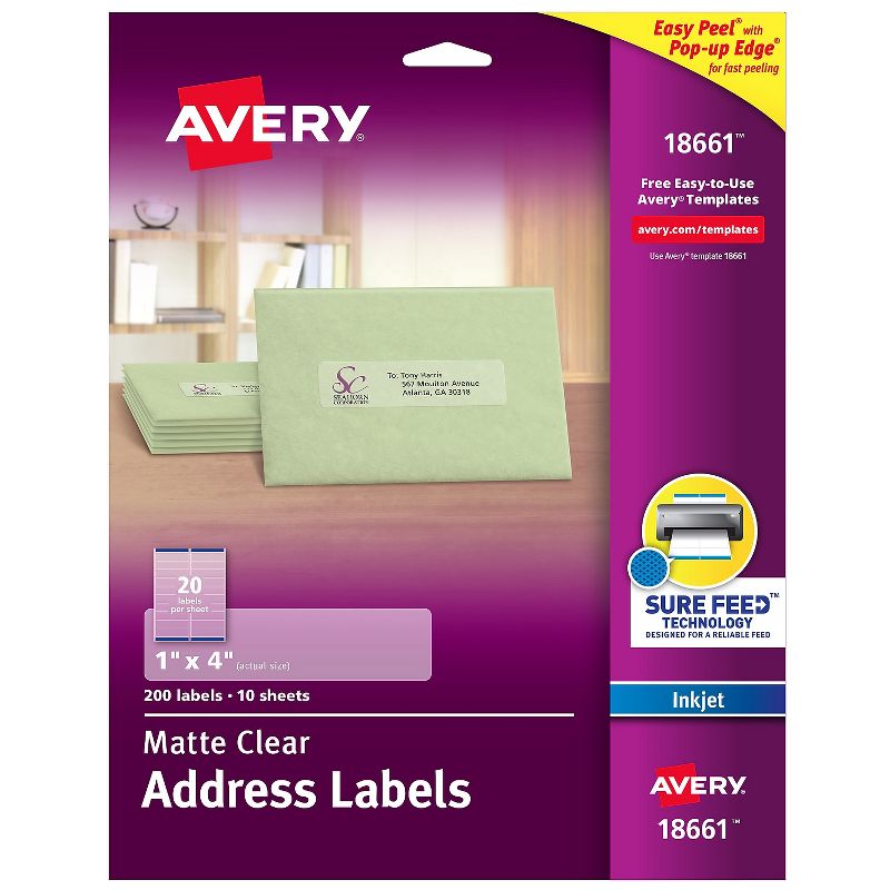 Avery Clear Easy Peel Mailing Labels Inkjet 1 x 4 200/Pack 18661, 1 of 9
