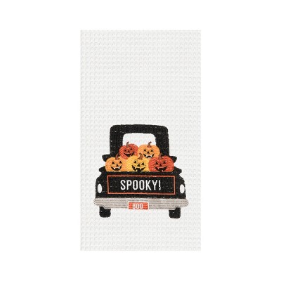 C&F Home Halloween "Spooky" Jack O' Lantern Pumpkins Pickup Truck Embroidered Cotton Waffle Weave Dishtowel