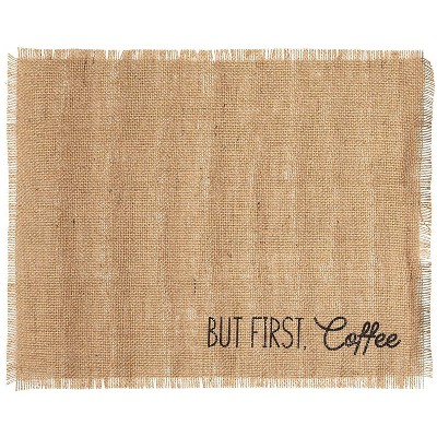 Brown Woven Burlap Table Placemats “But First, Coffee” Dining Table Mat for Kitchen Party Decor (17.7 x 13.8 in)