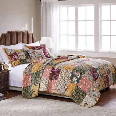 Bohemian Full/Queen Pink Cotton Reversible Patchwork Quilt Set