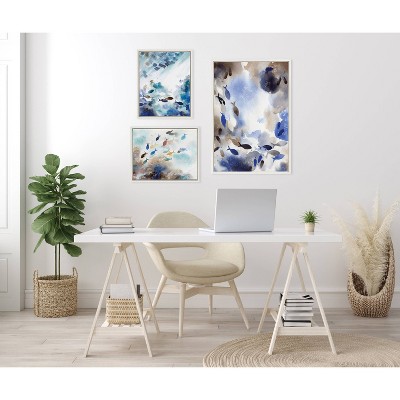 Set of 3 Blue and Brown Abstract Fish Canvas Art