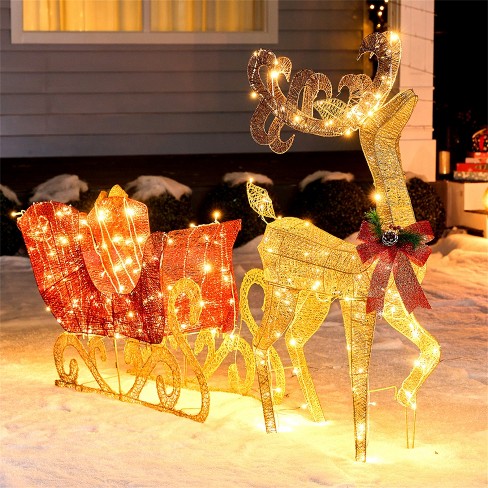 JOYFY 2 Pcs Reindeer and Sleigh Christmas Outdoor Decoration 200 LED Gold Lighted Christmas Outdoor Decorations Yard Light Decor for Yard Garden Lawn