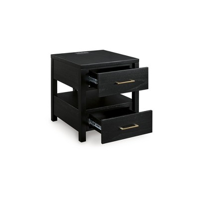 Black Rectangular Wood End Table with Storage and USB Ports