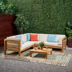 Oana 4pc Acacia Wood Patio Sectional Chat Set w/ Cushions - Christopher Knight Home