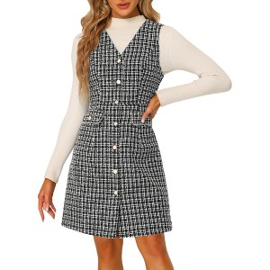 INSPIRE CHIC Women's V Neck Button Front Pockets Vintage Sleeveless Plaid Tweed Pinafore Dress - 1 of 4