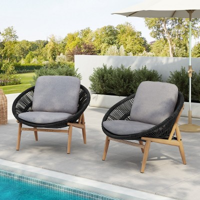 Set of 2 Outdoor Wicker Lounge Chairs with Cushions,Papasan Style Patio Chairs for Balcony or Poolside–Maison Boucle