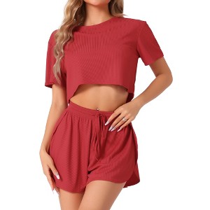 INSPIRE CHIC Women's Short Sleeve Ribbed Knit Side Slits Shorts Pajama Sets 2 Pcs - 1 of 4