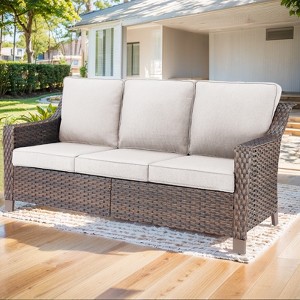 Buenhomino 74" Wide Outdoor Wicker Patio Sofa with Cushions, All Weather Brown Wicker Furniture Sofa 3 Seater Couch for Porch, Deck, Balcony - 1 of 4