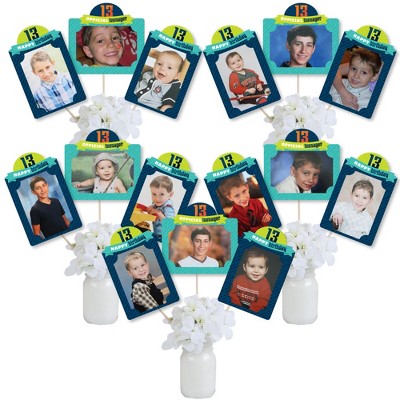 Big Dot of Happiness Boy 13th Birthday - Official Teenager Birthday Party Picture Centerpiece Sticks - Photo Table Toppers - 15 Pieces