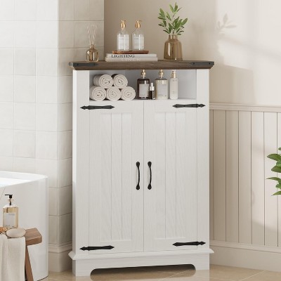 DobleePy White Corner Storage Cabinet, Farmhouse Style with Drawer & Doors, Small Corner Organizer for Bathroom, Kitchen, Living Room