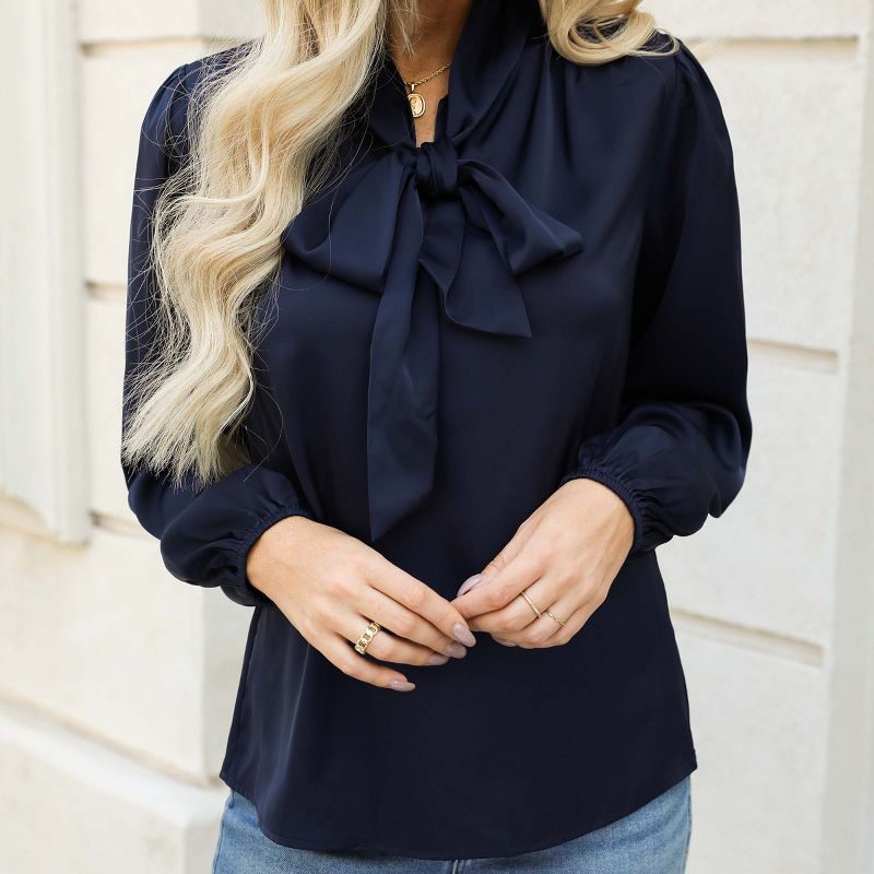 Women's Satin Long Sleeve Bow Tie Blouse - Cupshe, 3 of 10