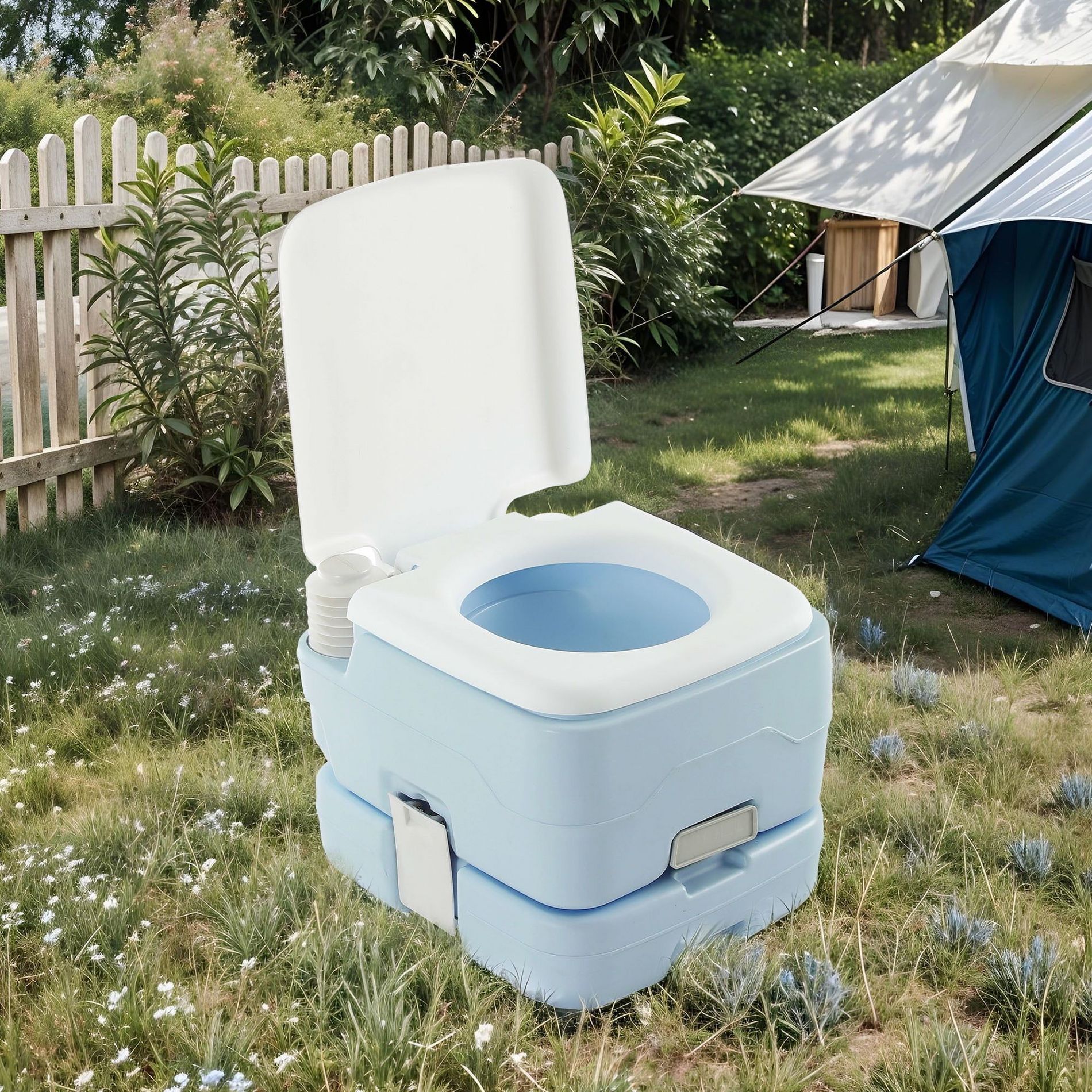 2.64 Gallon Outdoor Portable Camping Toilet, Porta Potty, RV Toilet with Flush Pump, Odor-Sealing Slide Valve, Light Blue