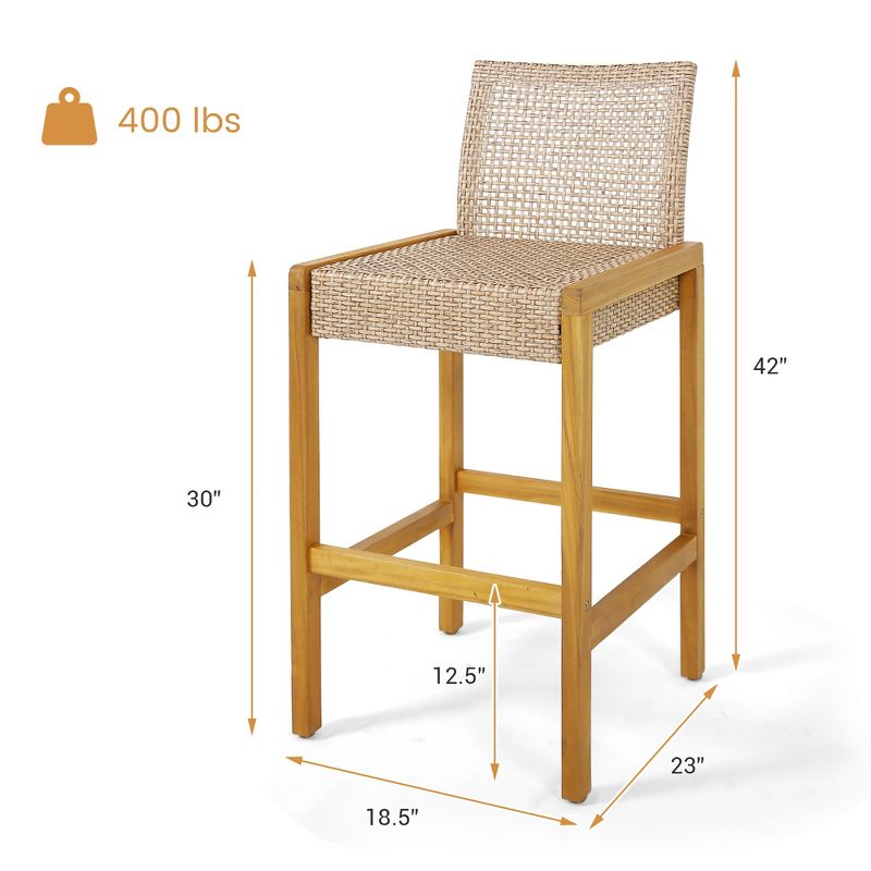 Tangkula Wicker Bar Stools Set of 2 Patio Chairs w/ Solid Wood Frame Ergonomic Footrest Light Brown, 3 of 8
