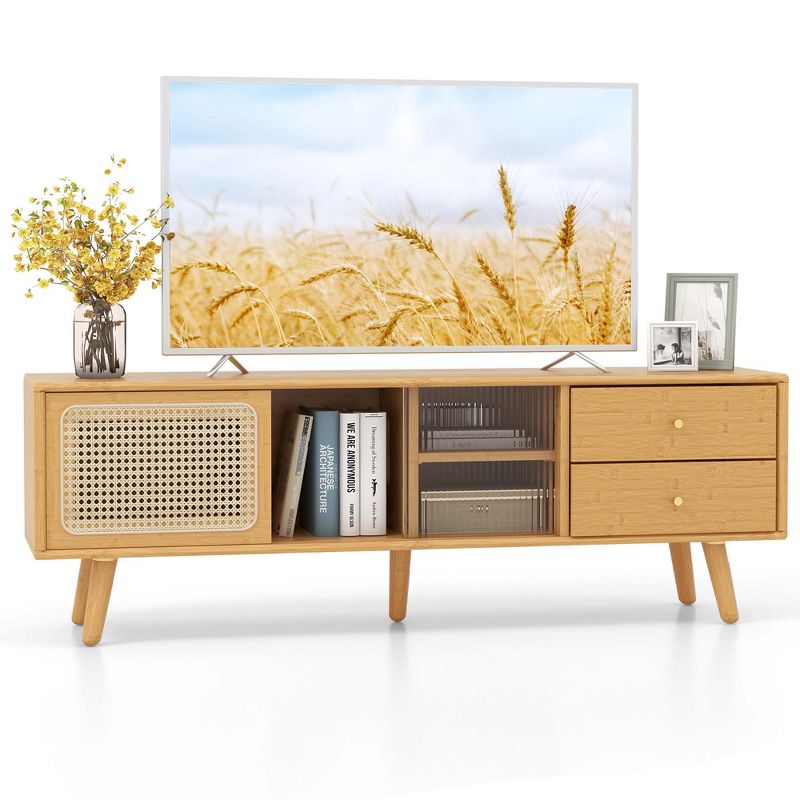 Costway Bamboo TV Stand Console Table with PE Rattan  Door & 2 Drawers for TV up to 65" Brown/Natural, 1 of 11