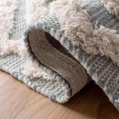 Ivory and Aqua Hand-Knotted Wool Rectangle Rug with Fringe