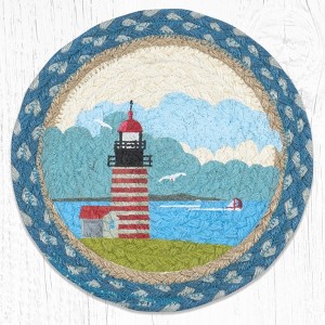 Earth Rugs Round Trivet – 10"x10" Quoddy Lighthouse Printed Braided Jute Mat in Nautical Coastal New England Style - 1 of 3