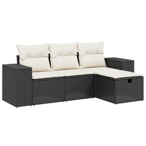 vidaXL Patio Sofa Set with Cushions Outdoor Furniture 4 Piece Poly Rattan - Black and Cream without Storage - 1 of 4