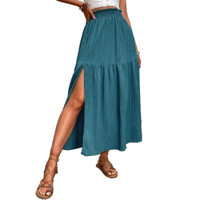 Side Slit Plisse Maxi Skirt Hight Waist Shirred Skirts Summer Beach Skirts Casual Tiered Skirts Flowy Skirts
