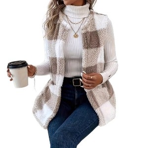 Coolmee Womens Sleeveless Plaid Fleece Vest with Pockets Open Front Fall Cardigan Fuzzy Jacket Coat - 1 of 4