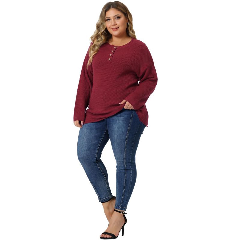 Agnes Orinda Women's Plus Size Oversized Round Neck Long Sleeve Button Knit Pullover Sweater, 3 of 6
