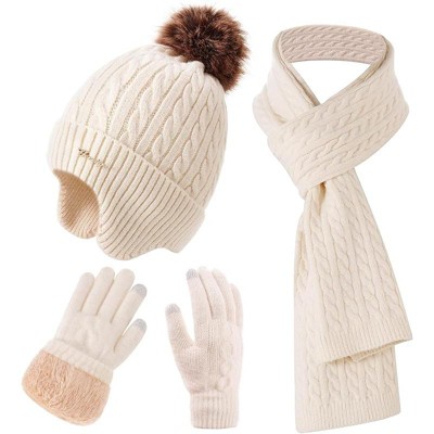 ZUPPAD Winter Hat Scarf Gloves Set for Women, Classic Cable Beanie with Removable Pom Pom Long Scarf Touchscreen Gloves 3 in 1 Set