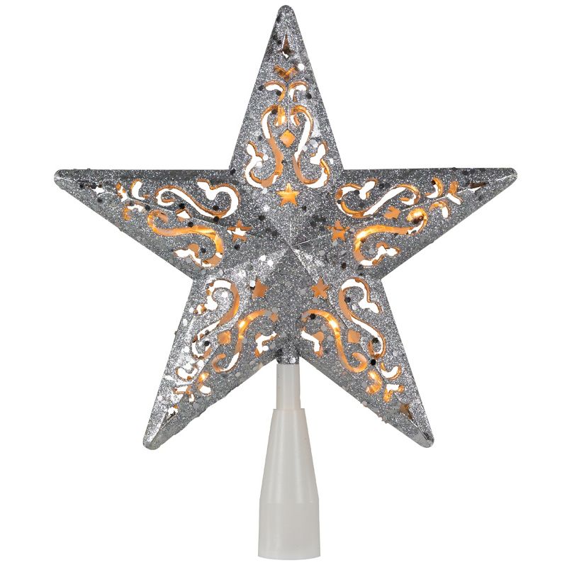 Northlight 8.5" Lighted Silver Glitter Star Cut Out Design Christmas Tree Topper - Clear Lights, White Wire, 1 of 8