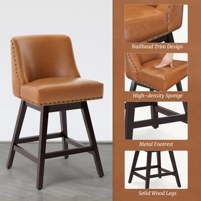 Cognac Brown 26'' Swivel Counter Stools with Nailhead Trim, Set of 2