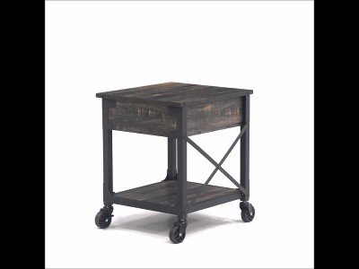 Rustic Carbon Oak Mobile Side Table with Storage Drawer