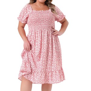 Agnes Orinda Women's Plus Size Smock Ruffle Short Sleeve Floral Flared Flowy Dresses - 1 of 4