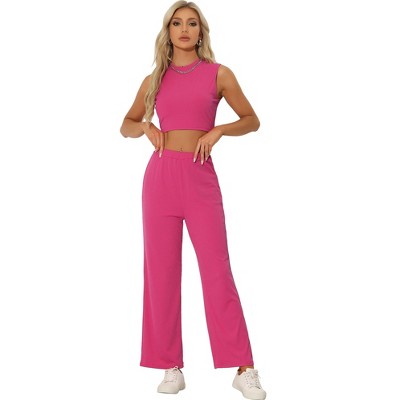 Allegra K Women's 2 Piece Outfits Short Sleeve Crop Top And High Waist Wide  Leg Long Pant Sets : Target