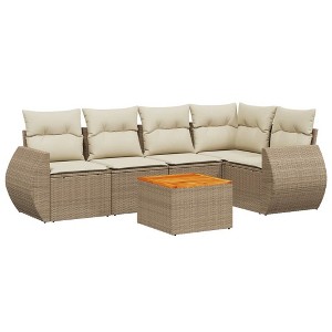 vidaXL 6 Piece Patio Sofa Set with Cushions Beige Poly Rattan - Beige 2x Middle + Table + 1x Corner - 1 of 4