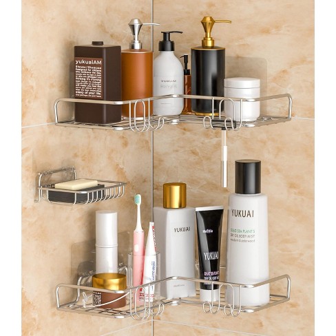 Simple Houseware 2-Tier Wall Mounted Adhesive Shower Caddy Shelf Organizer w/ Hooks, Chrome
