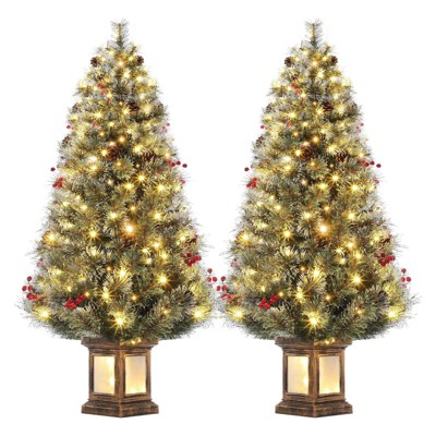 4.5 Ft Artificial Christmas Tree with 200 Warm White  Lights and Red Berries Potted Base Holiday Xmas Tree