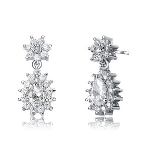 Stunning White Gold-Plated Double Flower Cluster Dangle Earrings Adorned with Sparkling Cubic Zirconia for a Touch of Sophisticated Glamour - 1 of 3
