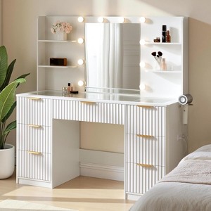 AMERLIFE Makeup Vanity Desk with Mirror & LED Lights, Drawers, Tempered Glass Top, Charging Station, Modern Bedroom Dressing Table - 1 of 4