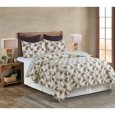 Twin-Sized Blue and Beige Reversible Cotton Quilt Set with Pine Motif