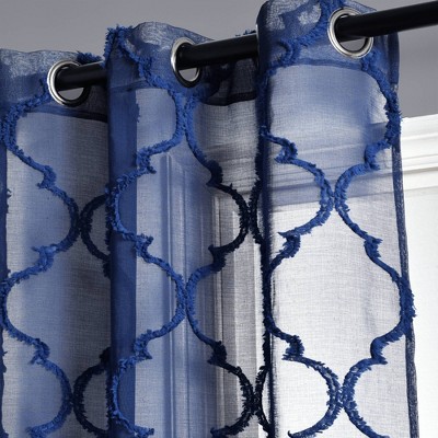 Navy Trellis Pattern Sheer Grommet Drapes, 84" x 38"