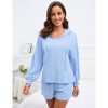 2 Piece Lounge Sets for Women V Neck Lantern Long Sleeve Hooded Top and Drawstring Shorts Sweatsuit Outfits - 2 of 4
