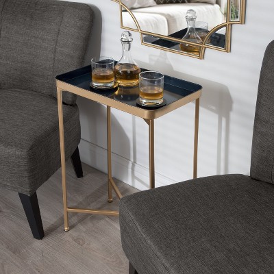 Navy Blue and Gold Metal Tray Accent Table