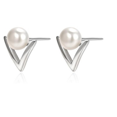 Molenia Triangular Pearl Stud Earrings for Women, 925 Sterling Silver Freshwater Pearl Earrings Dainty Jewelry Everyday Wedding Bridesmaid Gifts