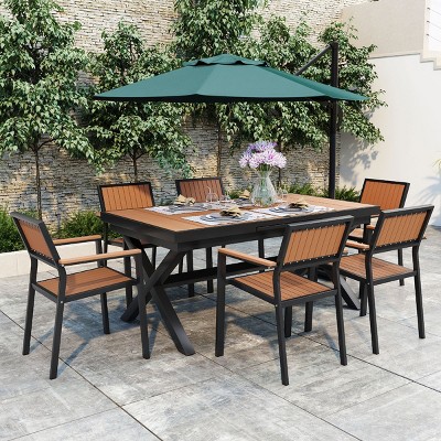 7-Piece Outdoor Dining Set, Expandable Dining Table with that Extends from 62.9 to 82.6 Inches, Dining Chairs with Iron Frame–Cuddlewood