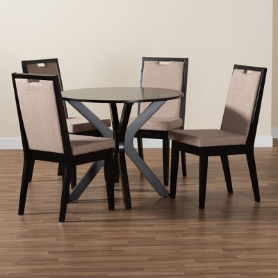 Sand Fabric and Dark Brown Wood 5-Piece Round Dining Set