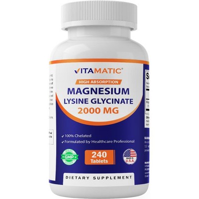 Vitamatic Magnesium as Glycinate Lysinate – 240 Tablets – 100% Chelated Magnesium