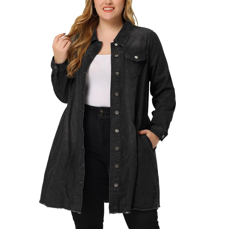 Agnes Orinda Women's Plus Size Button Long Sleeve Raw Hem Long Denim Jackets, 1 of 6