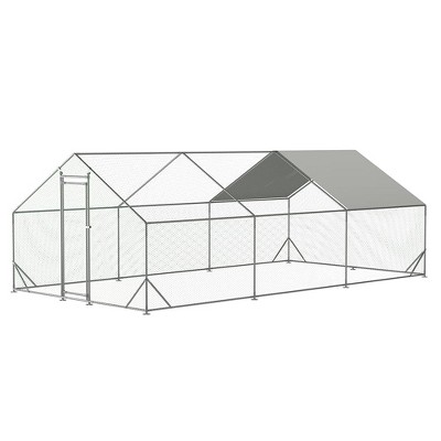Metal Chicken Coop Walk-in Poultry Cage with Water-Resident Cover , Large Chicken Run Pen with Spire Shaped Cage 19.7'L