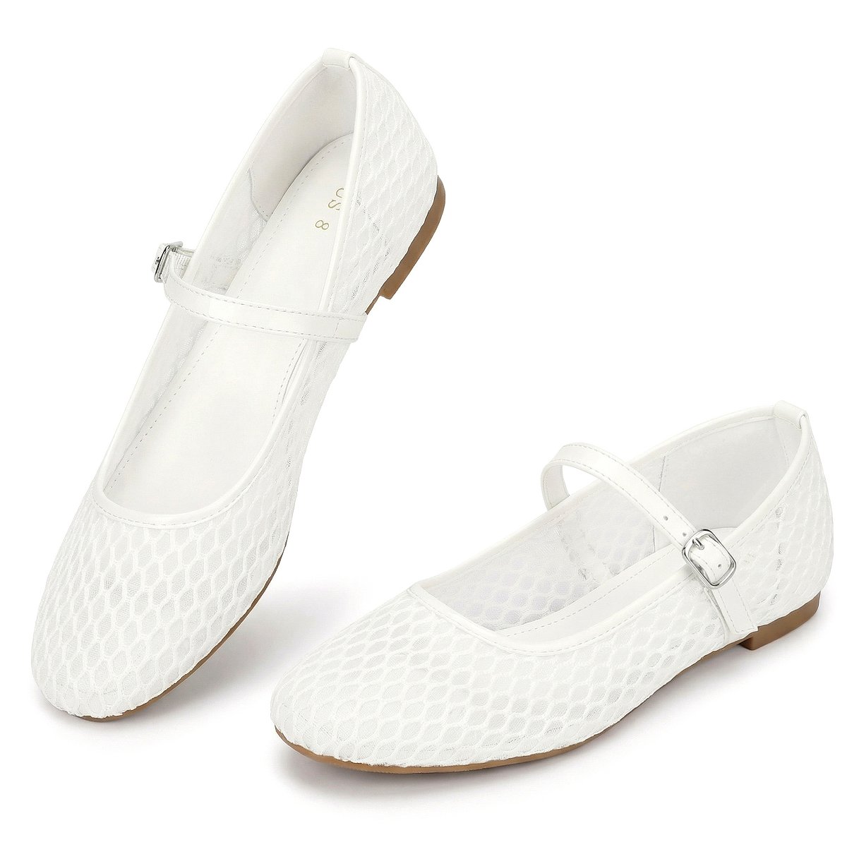 Женские туфли BLISSFUL STEP Round Toe Buckle Strap Breathable Mesh Ballet Flats Pumps for Women 9.5 White — фото 3