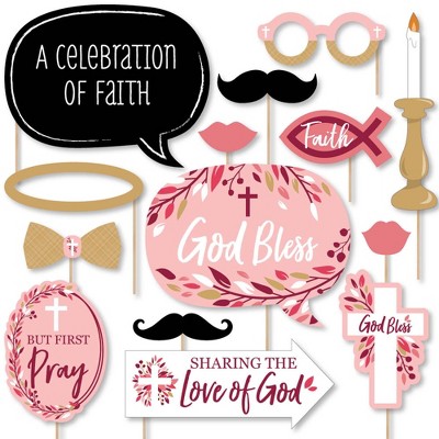 Big Dot of Happiness Pink Elegant Cross - Girl Religious Party Photo Booth Props Kit - 20 Count