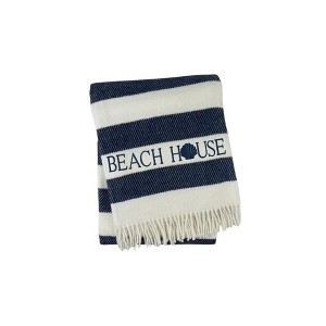 HomeRoots 55" X 70" Navy Blue And White Stripe Cotton Beach House Embroidered Throw Blanket with Fringe - 1 of 4