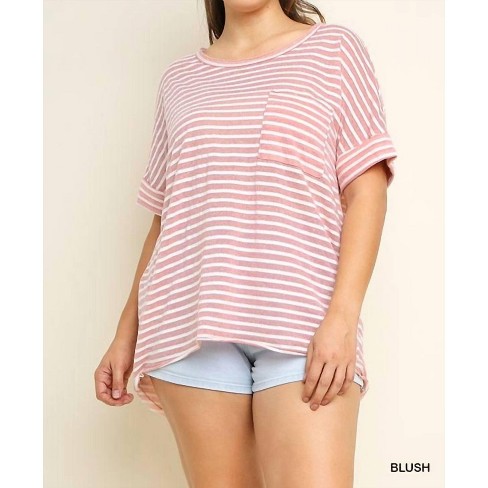 Women's Basic Stripe Top With Chest Pocket - Plus - umgee - image 1 of 3